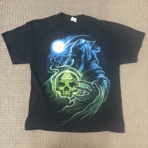 VTG Gildan Shirt XL Cotton Crew Neck Graphic Print Heavyweight Grim Reaper Y2K